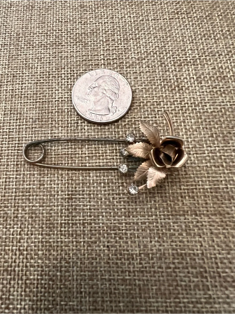 Vintage Gold-Tone Rose Safety Pin Brooch with Crystal Accents